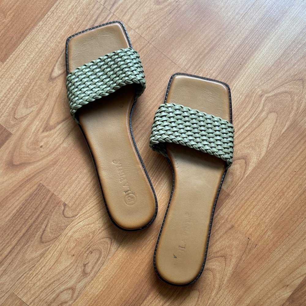 La Pinta Tan and Green Woven Leather Sandals